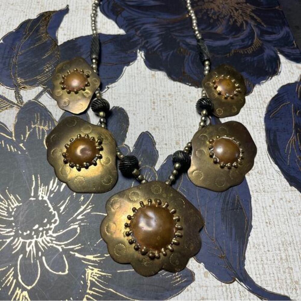 Vintage HUGE 1960s Floral Brass Copper Silver and Black Beaded Necklace D1